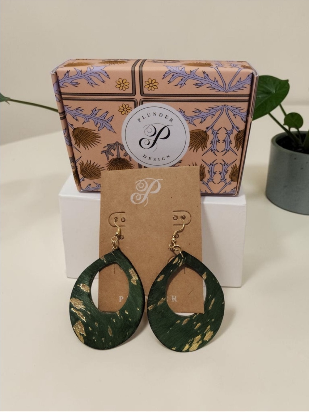 Plunder Green and Gold Teardrop Hoop Earrings